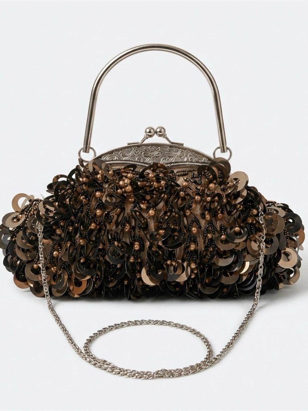 Sequined Evening Top-Handle Clutch in Gold - Picture 2 of 7